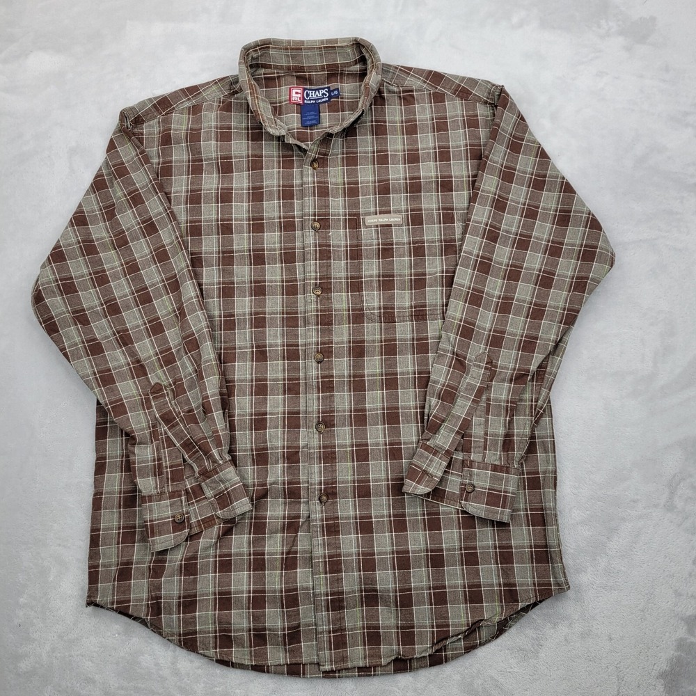Chaps Ralph Lauren Shirt Mens Large Brown Plaid Sportsman Button Up Dress Adult